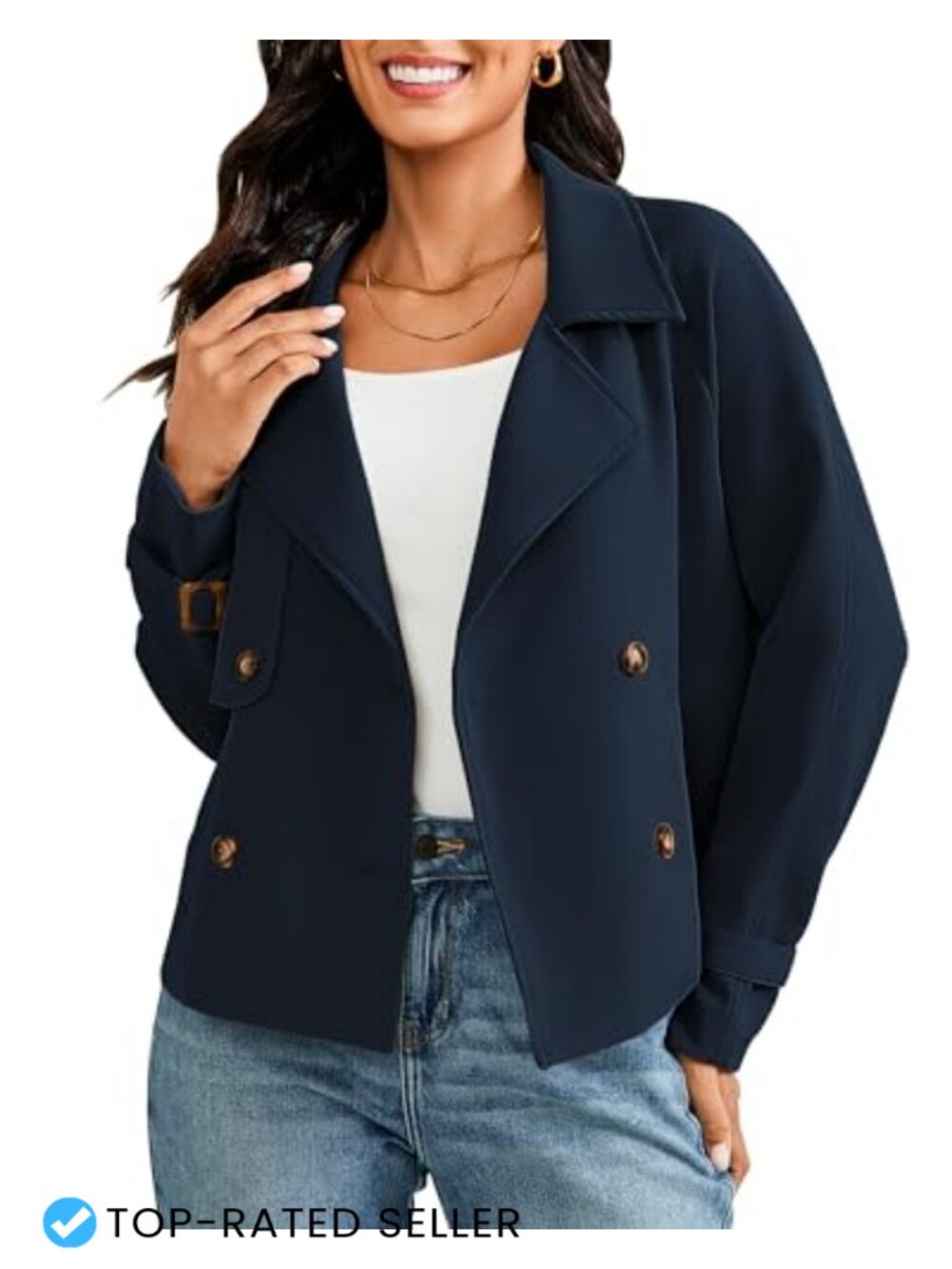 Cropped Trench Coat Double Breasted Long Sleeve Work Office Casual Jacket